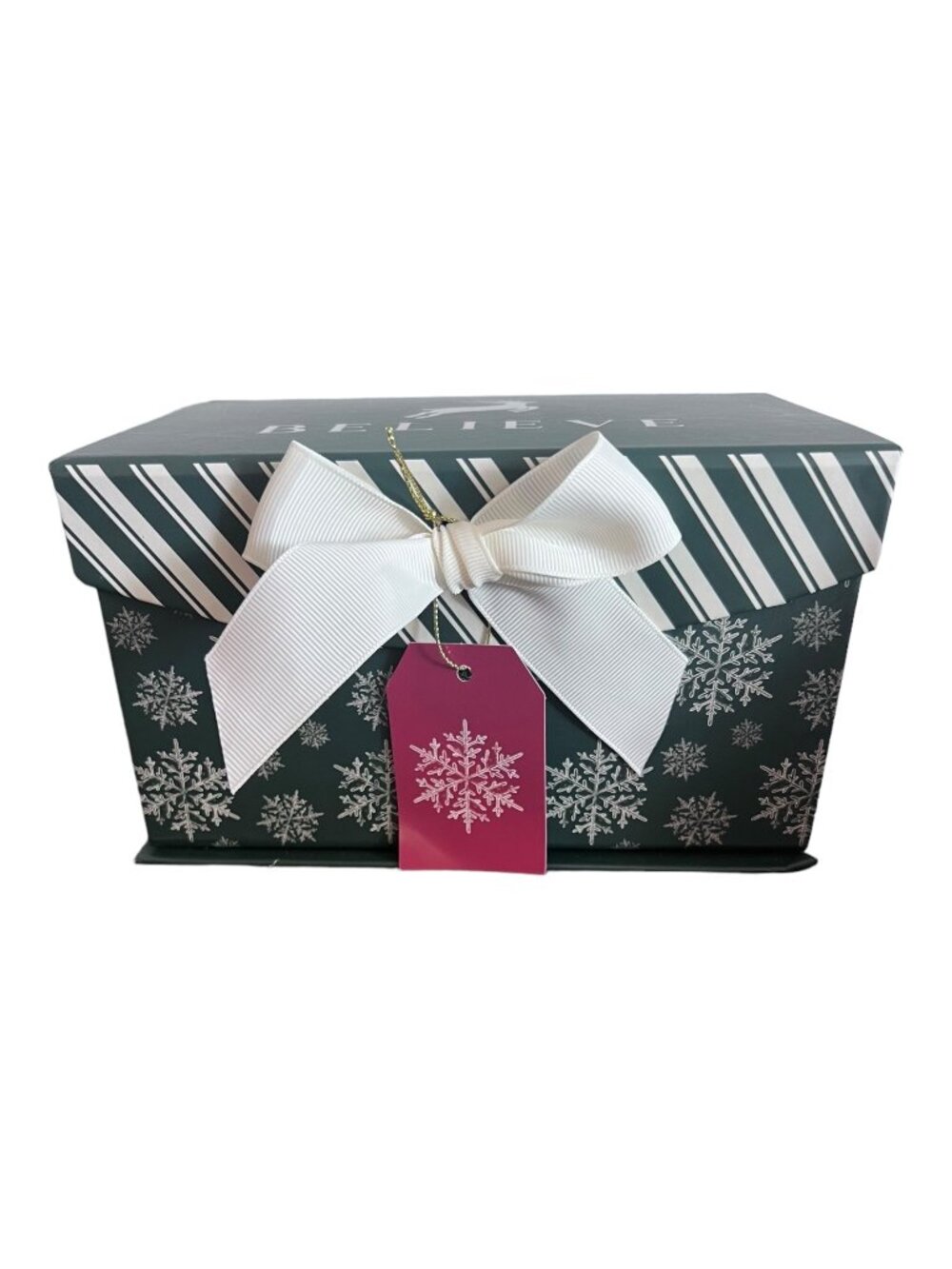 Christmas Believe Magnetic Gift Box Snowflake Reindeer Black White 8 Inch